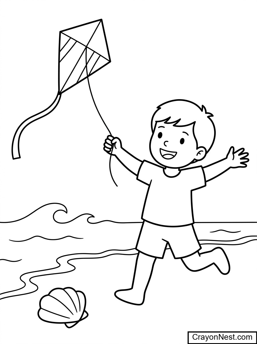 A Kite Game at the Seaside Colouring Page