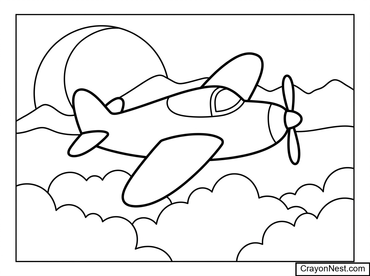 Airplane at sunset Colouring Page