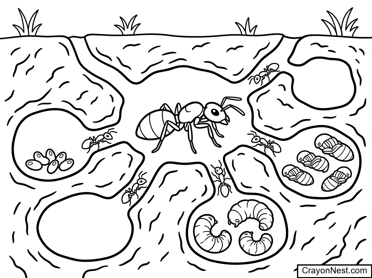ant life cycle anthill open scene Colouring Page