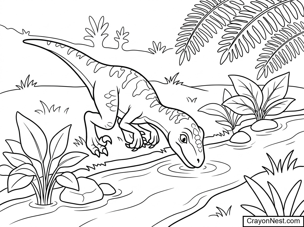 Baby Velociraptor at the Stream Colouring Page