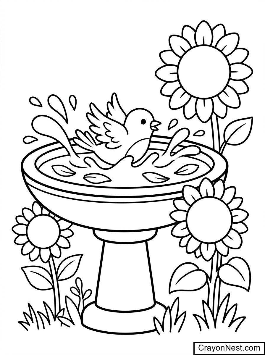 Birdbath in the Sunflower Garden Colouring Page