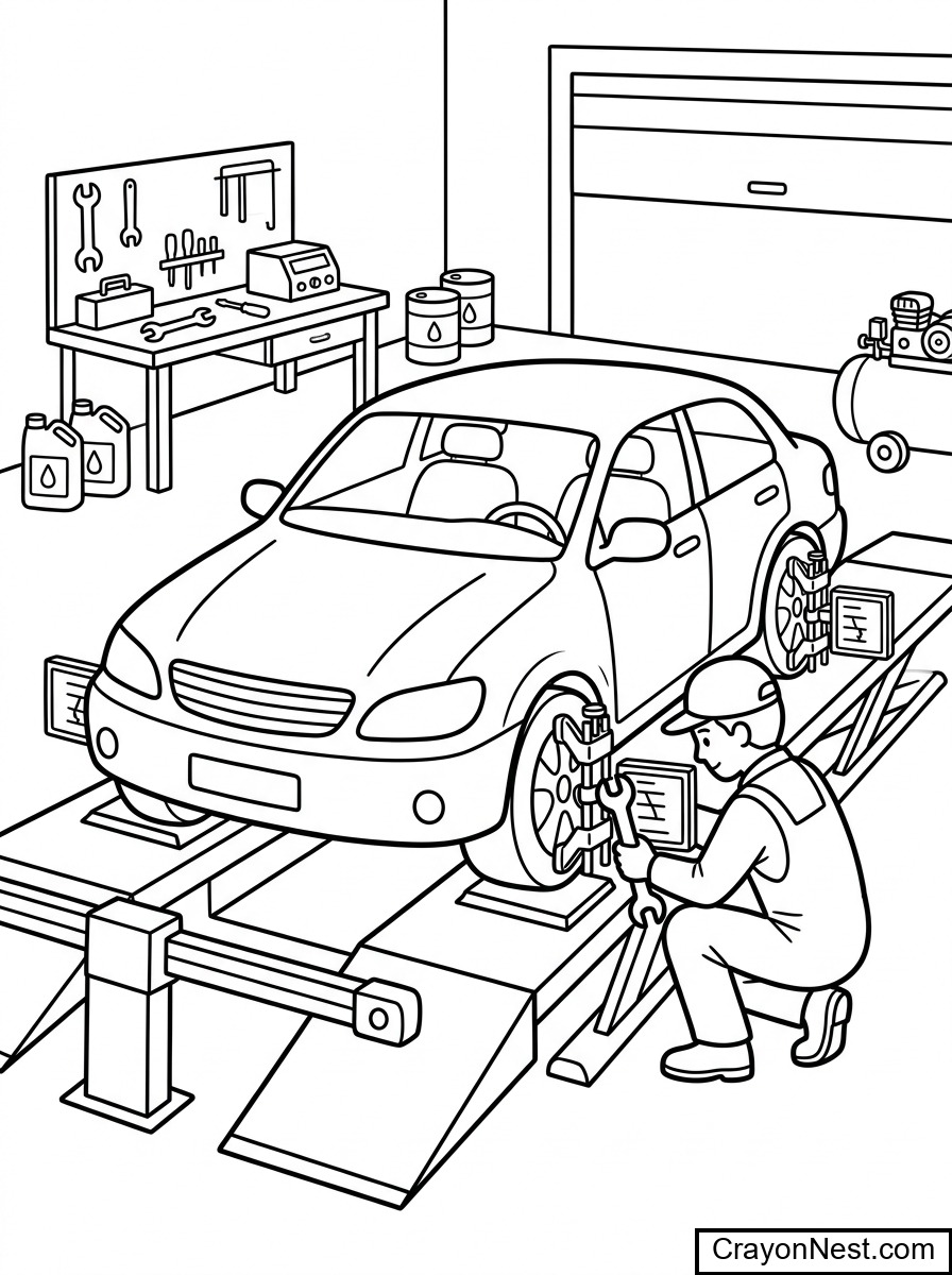 car at a garage or depot Alignment Colouring Page