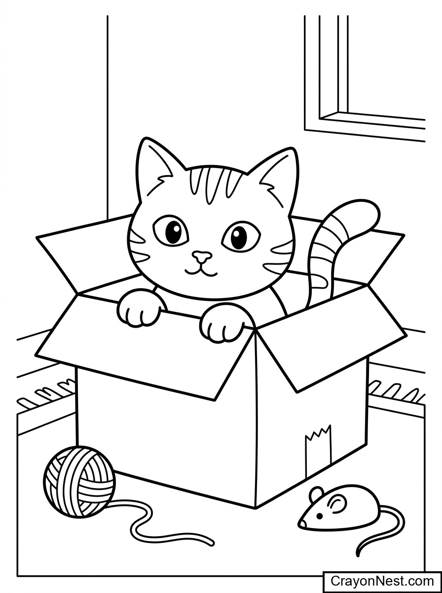 Cat in a box Colouring Page