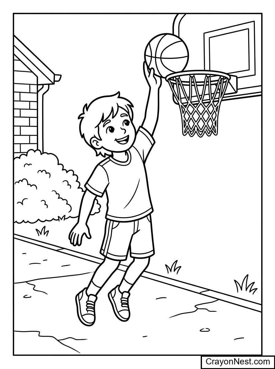 Child attempting a dunk at basketball hoop in driveway Colouring Page