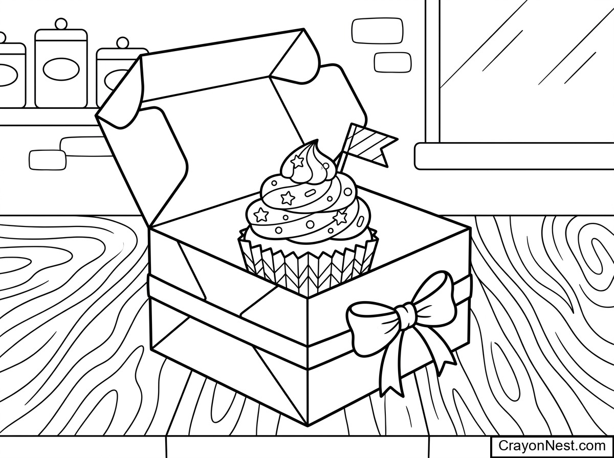 Cupcake in Box Colouring Page