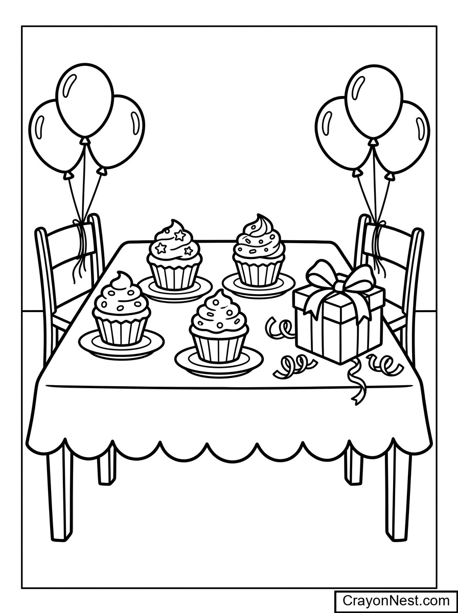 Cupcake Party Birthday Spread Colouring Page