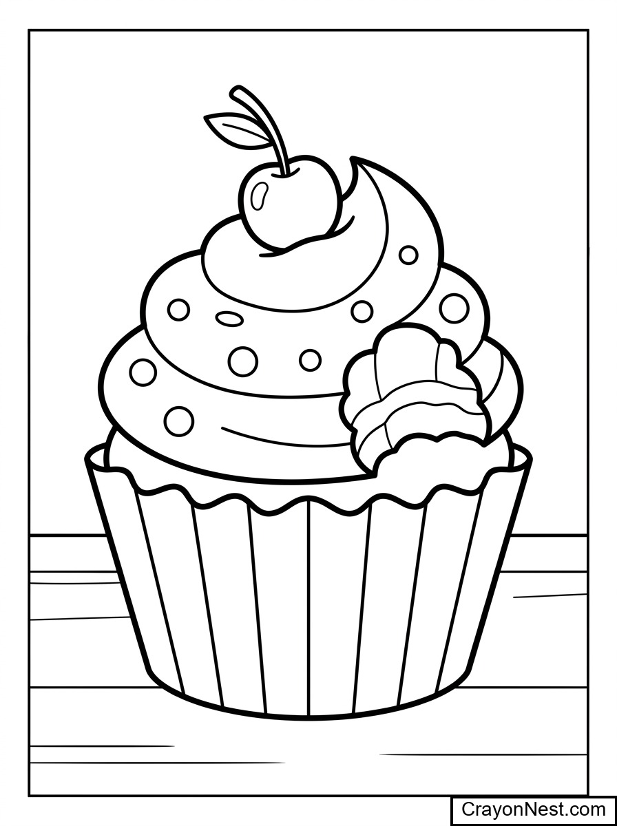 Cute Cupcake on a Wooden Table Colouring Page