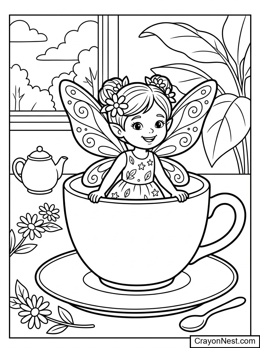 Fairy in a Teacup Colouring Page