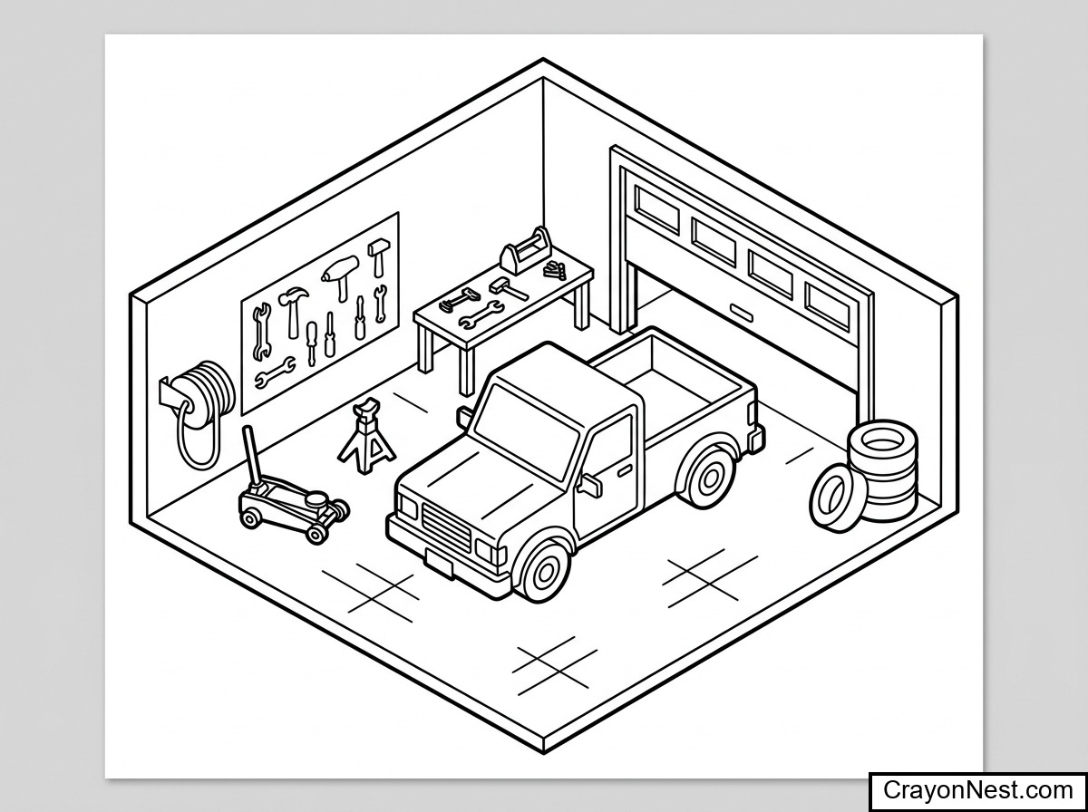 Vehicle Garage Colouring Page