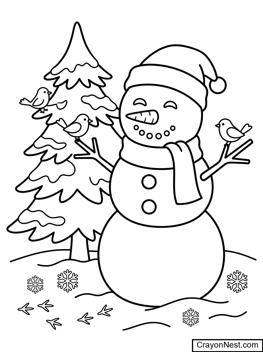 Snowman and Birds in winter Colouring Page